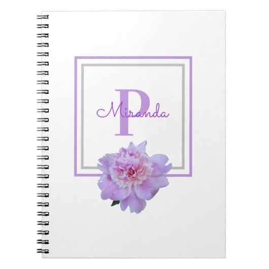 Ingelijste Monogram Roze Pioen Bloem Paarse Notitieboek (Voorkant)