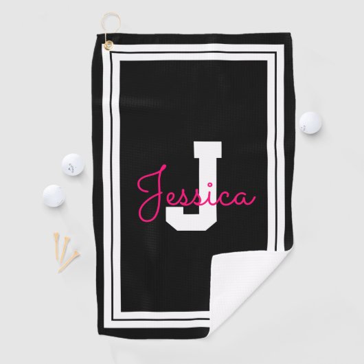 Ingelijste naam en monogram | Zwart Wit & Roze Golfhanddoek (Insitu)