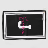 Ingelijste naam en monogram | Zwart Wit & Roze Golfhanddoek (Horizontaal)
