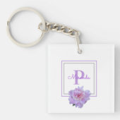 Ingelijste Paarse Monogram Roze Pioen Bloem Sleutelhanger (voorkant)