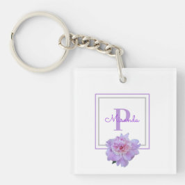 Ingelijste Paarse Monogram Roze Pioen Bloem Sleutelhanger