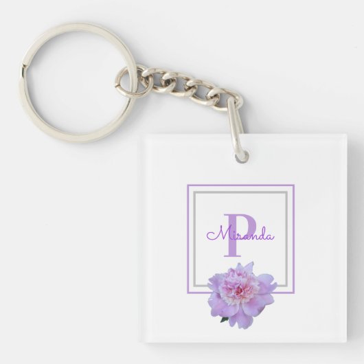 Ingelijste Paarse Monogram Roze Pioen Bloem Sleutelhanger (voorkant)