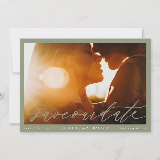 Ingelijste Sage Groene QR Code Fotokalligrafie Save The Date (Voorkant)