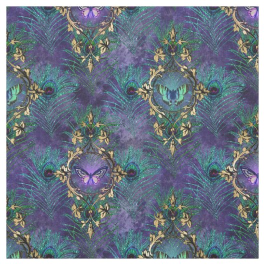 Ingelijste vlinders en pauwenveren stof (Swatch)