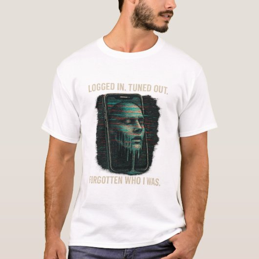 Ingelogd, Uitgetuned – Glitchende Identiteit Tech T-shirt (Voorkant)