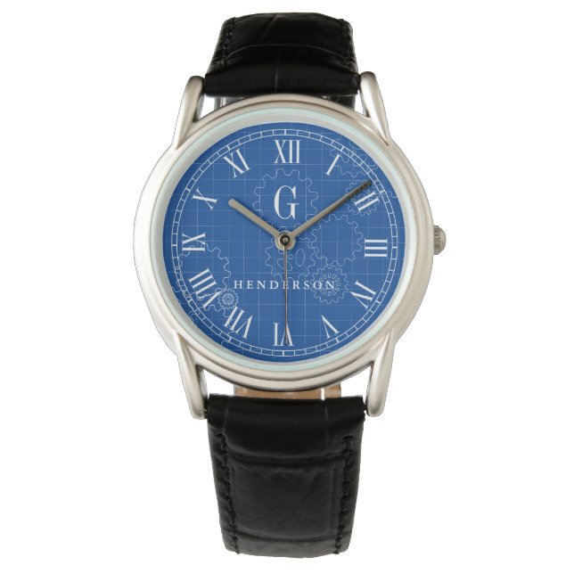 Ingenieur blauwdruk stijl aangepast monogram | Naa Horloge (Voorkant)