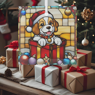 Ingepakte Kerst Puppy Nep Gebrandschilderd Glas Ornament