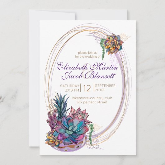 Ingepotte Waterverf Succulent, paarse bruiloft Kaart (Voorkant)