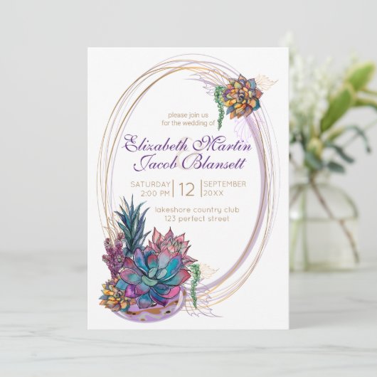 Ingepotte Waterverf Succulent, paarse bruiloft Kaart (Staand voorkant)