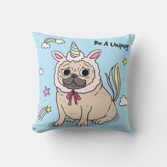 Ingestreepte pug met Unicorn-Pet op Kussen (Voorkant)
