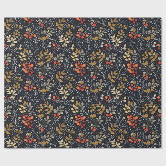 Ingewikkeld blad en bessen patroon op zwart cadeaupapier (Vlak)