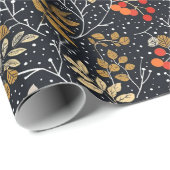 Ingewikkeld blad en bessen patroon op zwart cadeaupapier (Rol Hoek)
