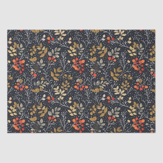 Ingewikkeld blad en bessen patroon op zwart tissuepapier (Voorkant)