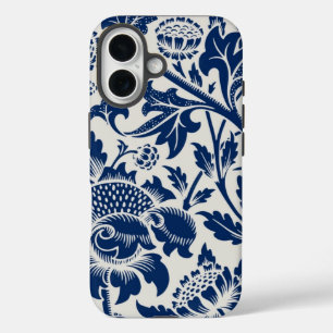 Ingewikkeld blauw bloempatroon op lichte achtergro iPhone 16 hoesje