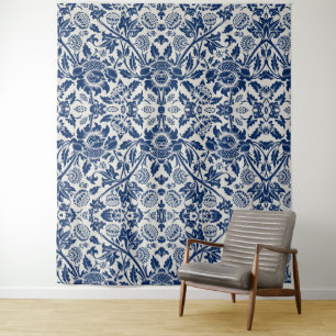 Ingewikkeld blauw bloempatroon op lichte achtergro wandkleed