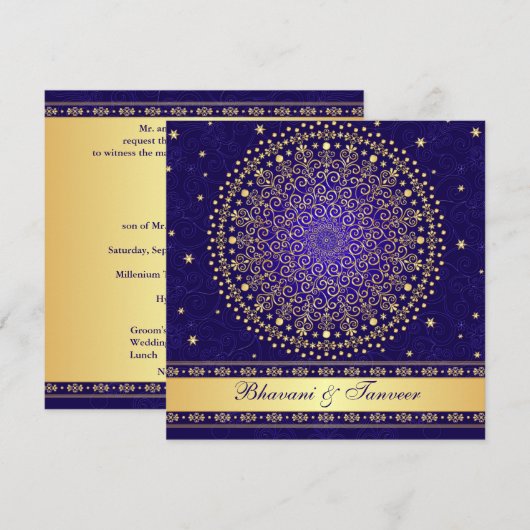 Ingewikkeld blauw, gouden rollen sterren bruiloft  kaart (Voorkant / Achterkant)