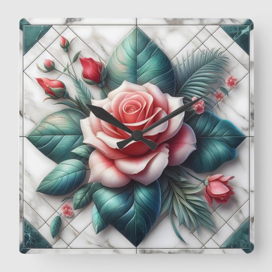 Ingewikkeld Bloemen Tegel Mozaïek Kunstwerk Vierkante Klok (Voorkant)