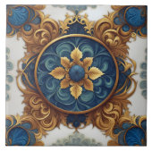 Ingewikkeld bloemontwerp in blauw en goud tegeltje (Voorkant)