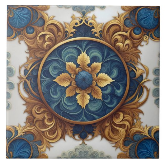 Ingewikkeld bloemontwerp in blauw en goud tegeltje (Voorkant)