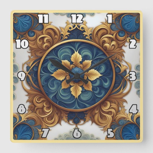 Ingewikkeld bloemontwerp in blauw en goud vierkante klok (Voorkant)