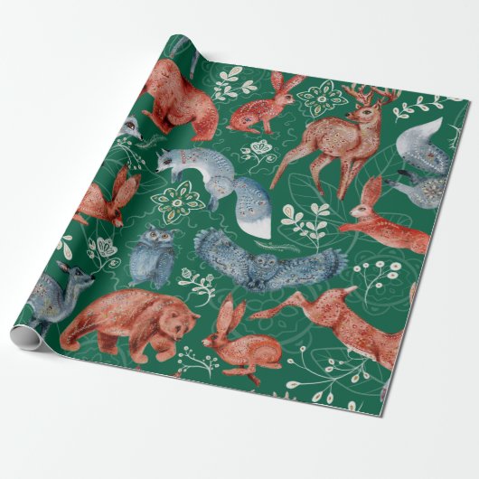Ingewikkeld bosdierenpatroon cadeaupapier (Uitgerold)