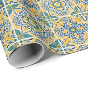 Ingewikkeld geometrisch patroon met blauw, geel cadeaupapier