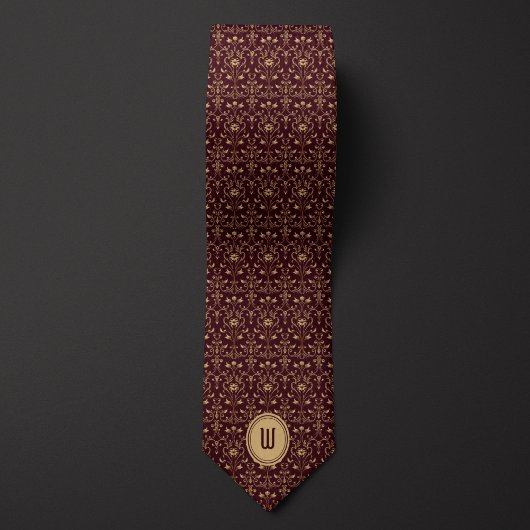 Ingewikkeld Goud en Bourgondië Floral Monogram Stropdas