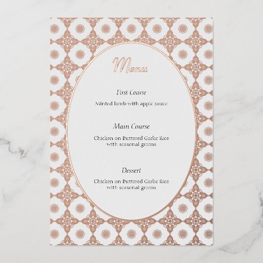 Ingewikkeld huwelijksmenu in Roos Gold Folie Uitnodiging (Voorkant)