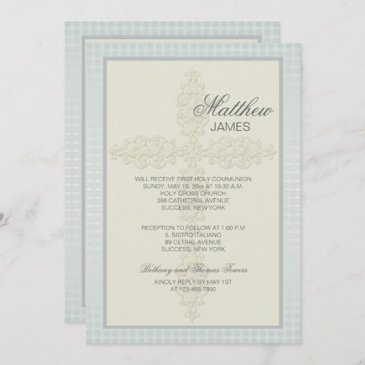 Ingewikkeld kruis (blauw-grijs) religieuze uitnodi kaart (Voorkant / Achterkant)