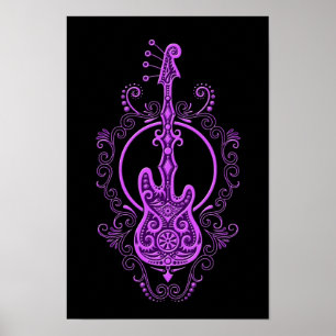 Ingewikkeld Paars bass Guitar-ontwerp op zwart Poster
