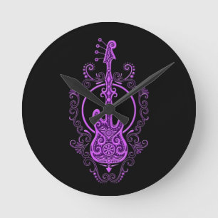 Ingewikkeld Paars bass Guitar-ontwerp op zwart Ronde Klok