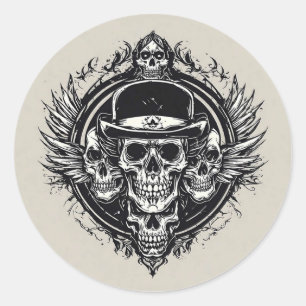 Ingewikkeld schedelontwerp met vleugels en symbole ronde sticker