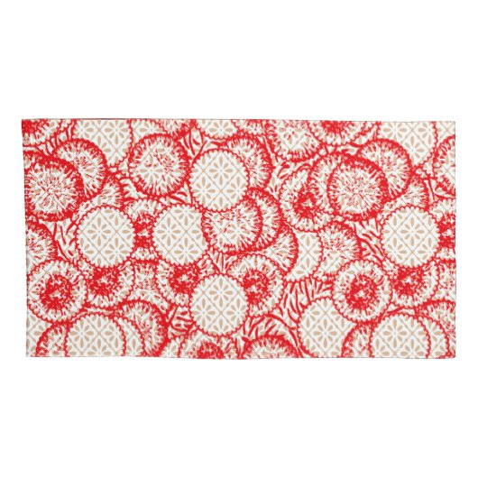 Ingewikkeld textielontwerp met rood, goud en kussensloop (Achterkant-Rechts)