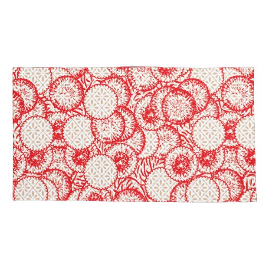 Ingewikkeld textielontwerp met rood, goud en kussensloop (Achterkant-Links)