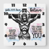 Ingewikkelde afbeelding van Jezus aan het kruis Vierkante Klok (Voorkant)