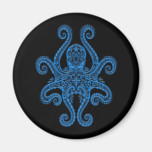 Ingewikkelde blauwe octopus op zwart magneet (Voorkant)