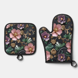 Ingewikkelde bloemen op zwart ovenwant & pannenlap set