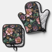 Ingewikkelde bloemen op zwart ovenwant & pannenlap set (Voorkant / Achterkant)