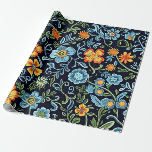 Ingewikkelde bloemkunst: blauwe en oranje bloemen cadeaupapier