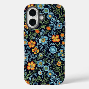 Ingewikkelde bloemkunst: Blauwe en oranje bloemen iPhone 16 Hoesje