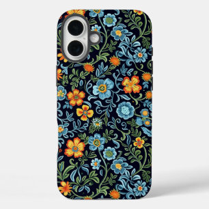 Ingewikkelde bloemkunst: blauwe en oranje bloemen iPhone 16 plus hoesje