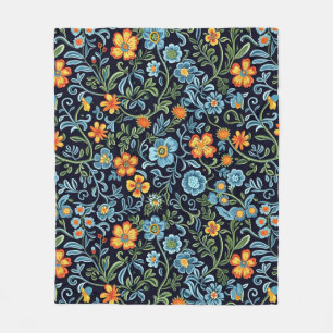 Ingewikkelde bloemkunst: Blauwe en oranje bloemen  Fleece Deken