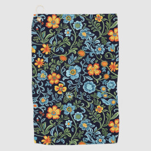 Ingewikkelde bloemkunst: blauwe en oranje bloemen golfhanddoek