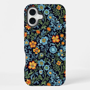 Ingewikkelde bloemkunst: blauwe en oranje bloemen iPhone 16 plus hoesje