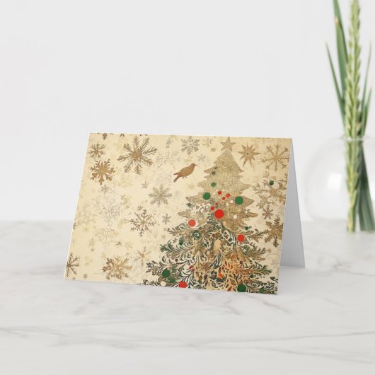 Ingewikkelde gouden en glitter kerstboom kaart (Voorkant)