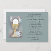 Ingewikkelde gouden kelk met host blauw boeket gez kaart (Voorkant)