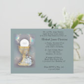 Ingewikkelde gouden kelk met host blauw boeket gez kaart (Staand voorkant)