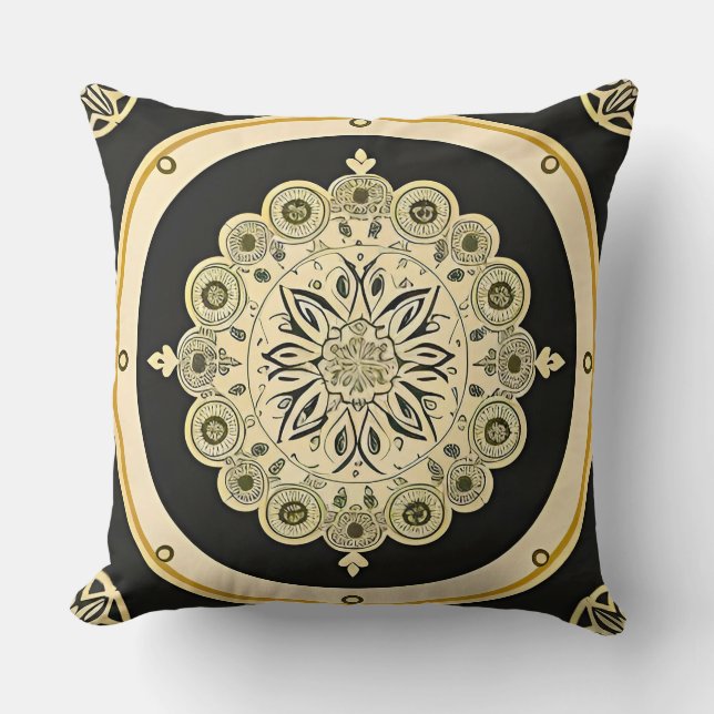 Ingewikkelde gouden mandala-ontwerp kussen (Voorkant)