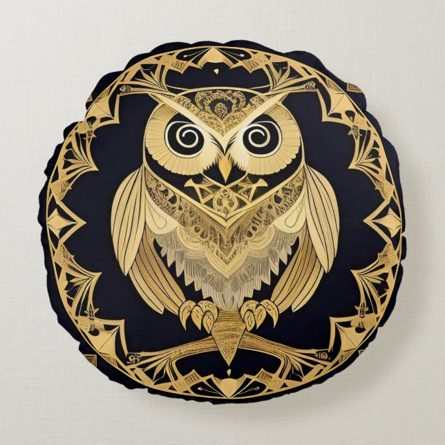 Ingewikkelde Gouden Uil Kunst – Symbolisch Sierobj Rond Kussen (Voorkant)