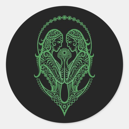 Ingewikkelde Groene Tweelingen Zodiac op Zwart Ronde Sticker (Voorkant)